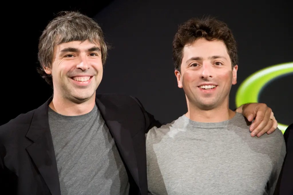 Larry Page (L) and Sergey Brin (R), the co-founders of Google, at a press event where Google and T-Mobile announced the first Android powered cellphone, the T-Mobile G1.Corbis via Getty Images